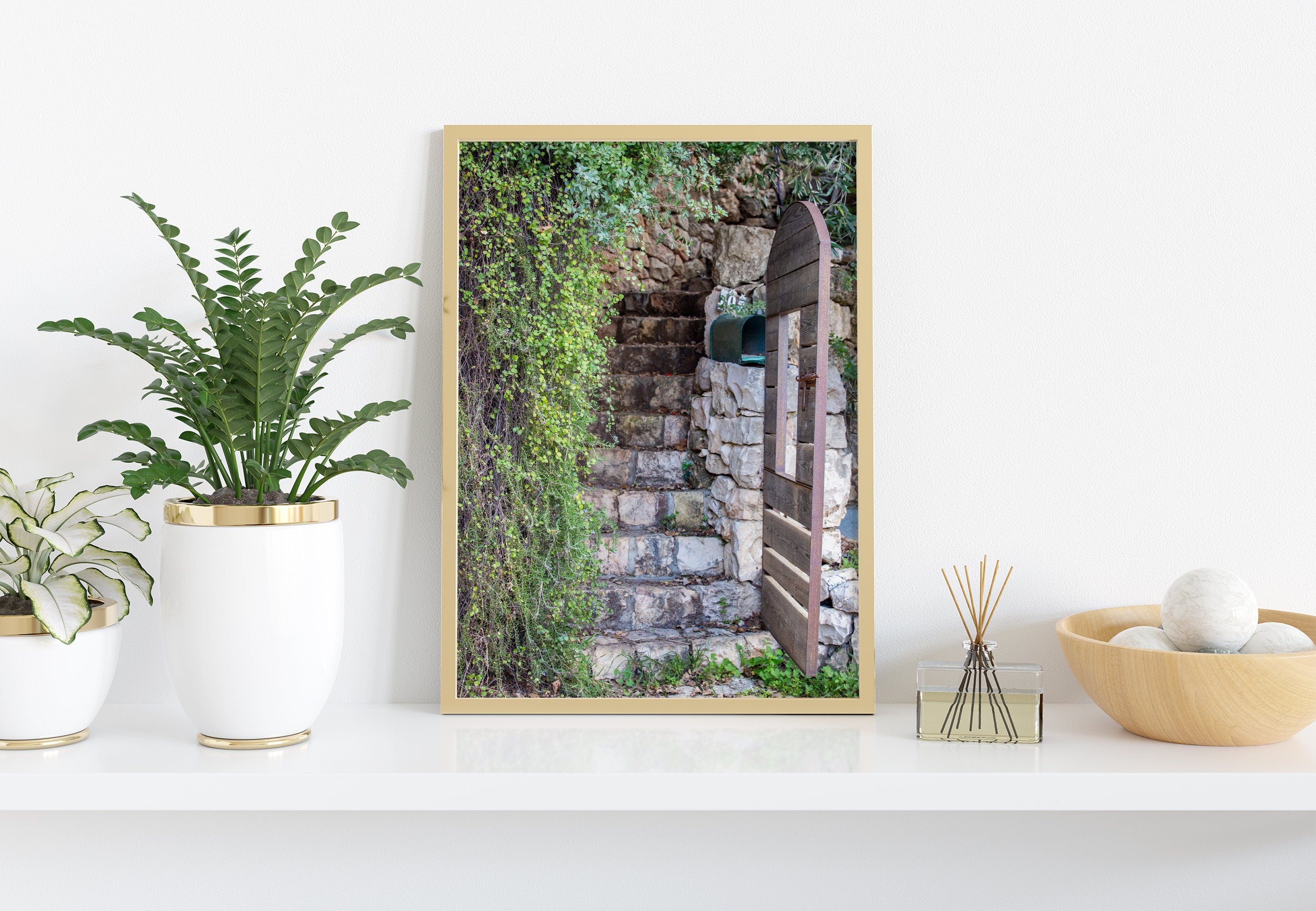 Jerusalem Wooden Door with Green Leaves and Stone Staircase