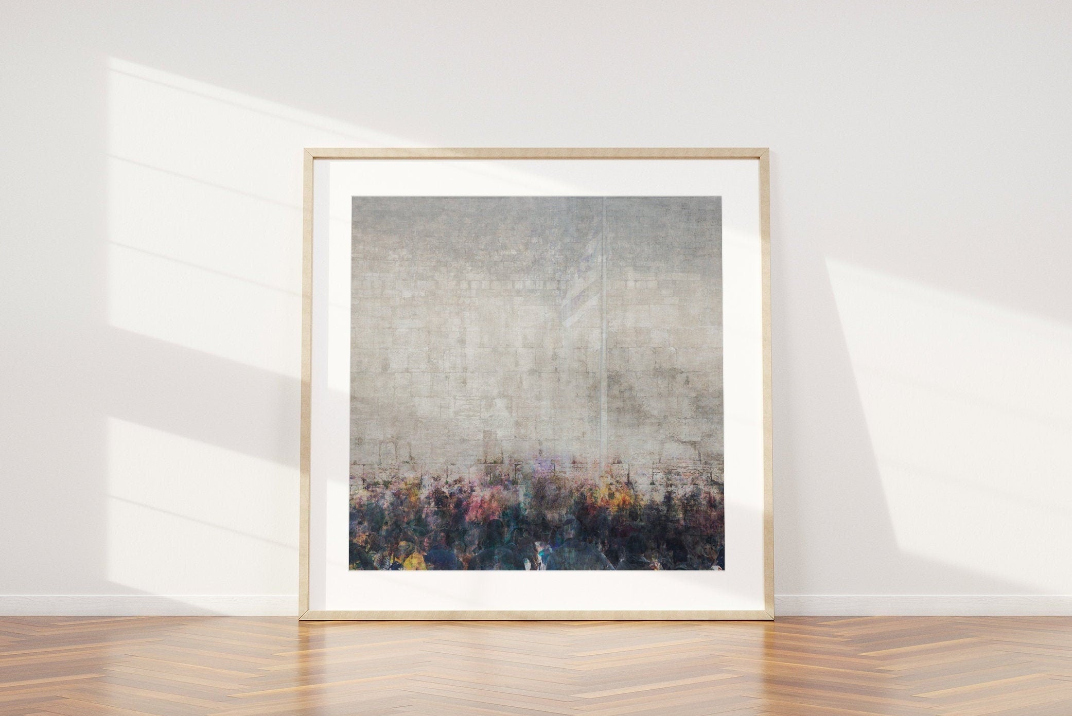 Kotel Western Wall and Israeli Flag Painting — Many Jewish People Praying at the Western Wall
