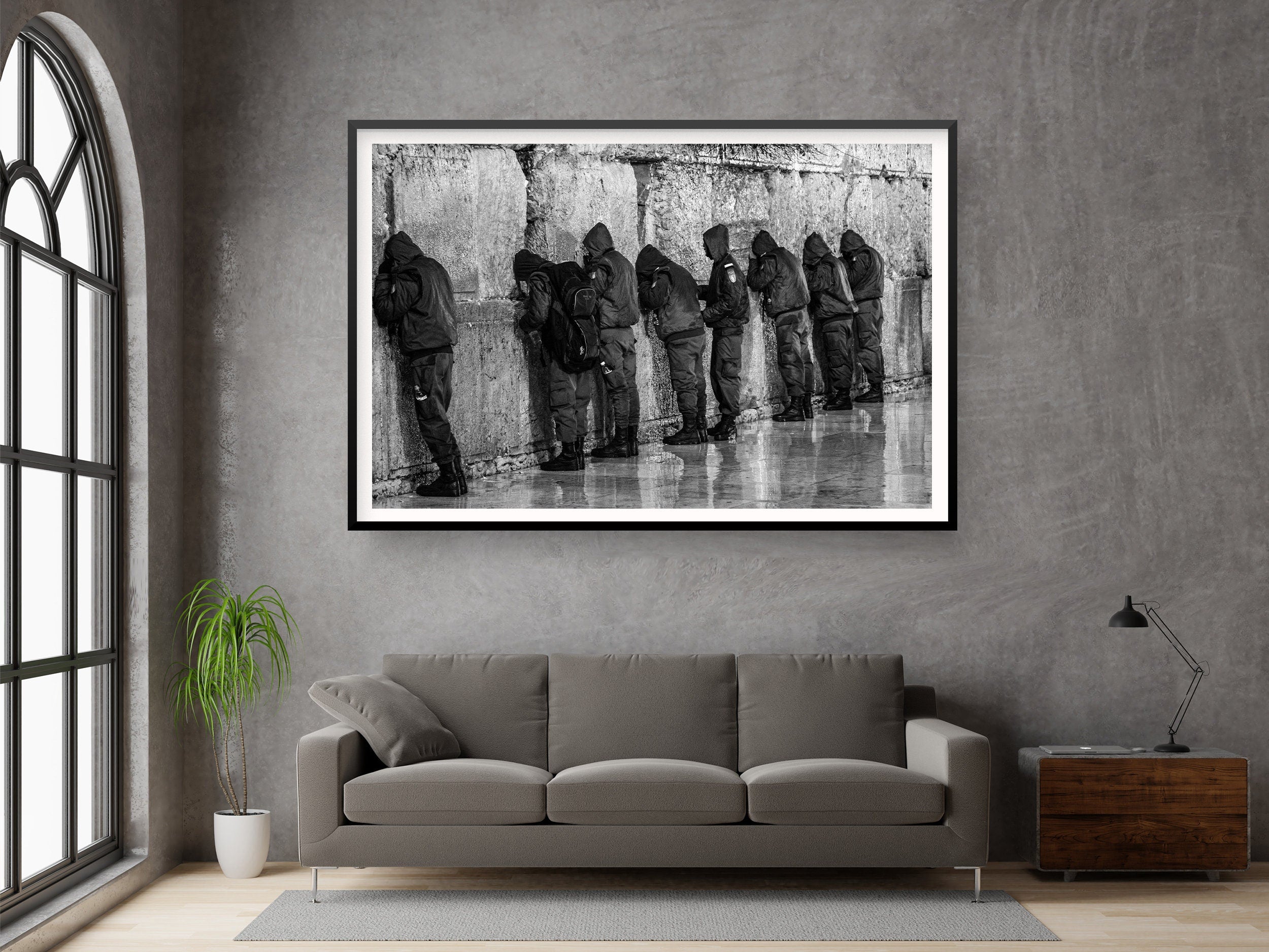 Jewish IDF Tsahal Soldiers Group Praying at the Kotel Western Wall — Black and White