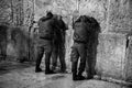 Two Jewish IDF Tsahal Soldiers Praying at the Kotel Western Wall — Black and White Photography