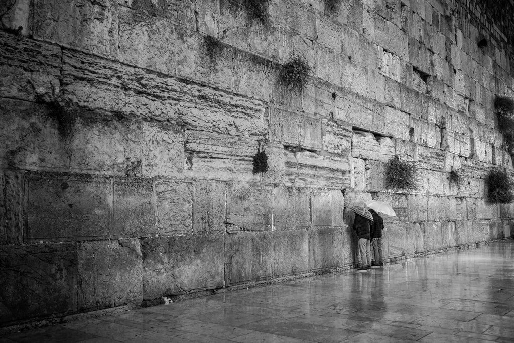 Western Wall, Jerusalem: Jewish Prayers in Rain, Black and White