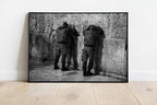 Two Jewish IDF Tsahal Soldiers Praying at the Kotel Western Wall — Black and White Photography