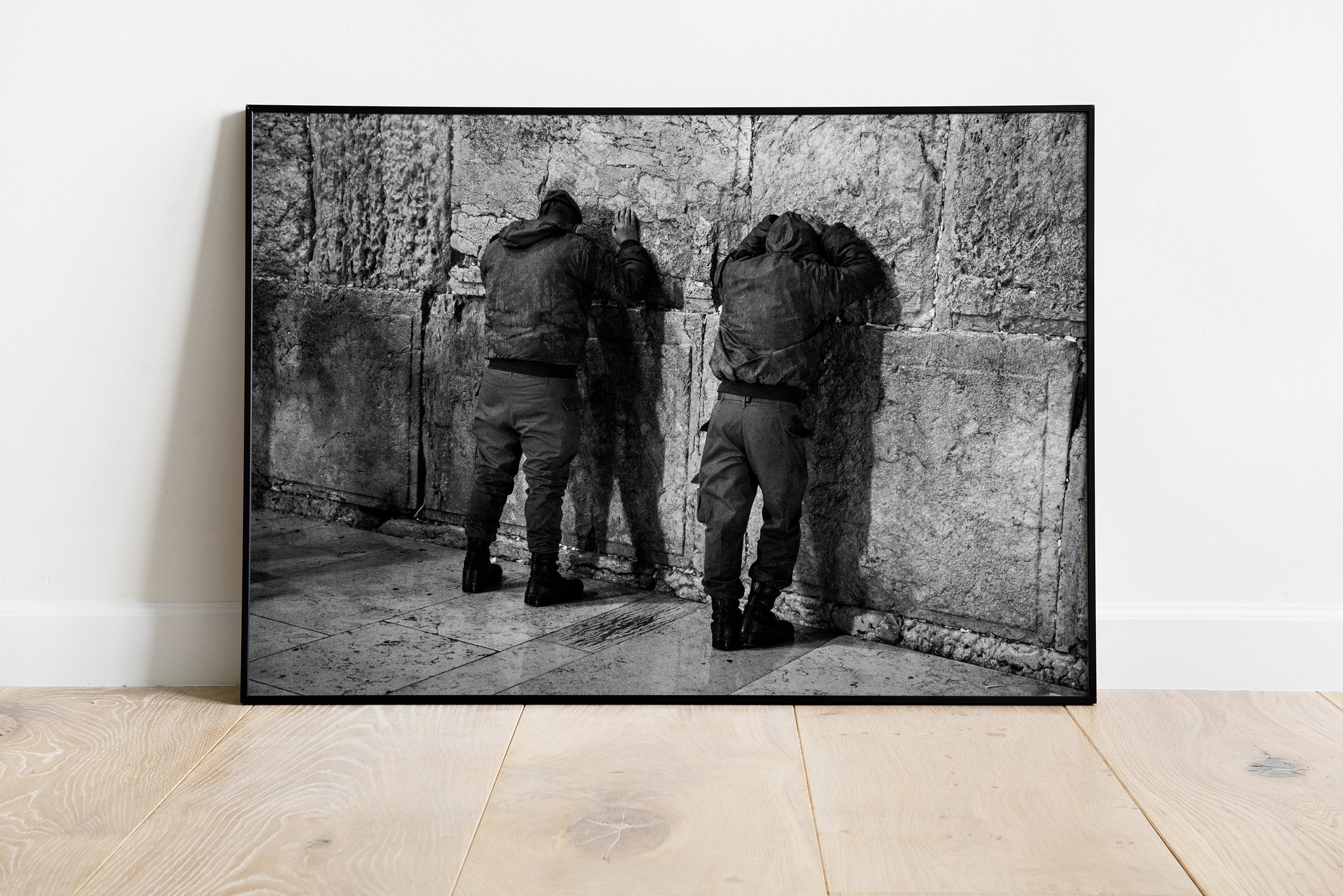 Two Jewish IDF Tsahal Soldiers Praying at the Kotel Western Wall — Black and White Photography