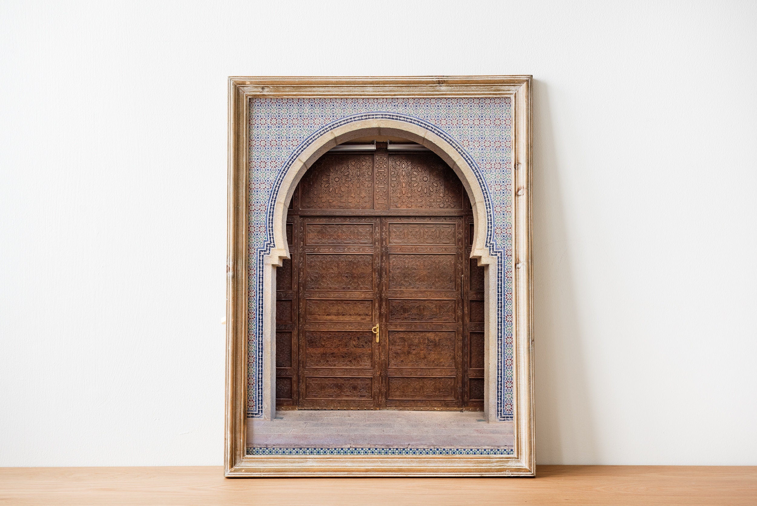 Jerusalem Old Carved Wooden Door with Moroccan Andalusian Decorative Mosaic — Worldwide North Africa Jewish Heritage Center Entrance