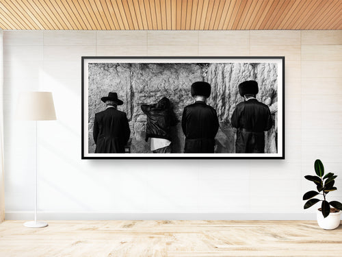 Black and White Panoramic Kotel — Four Jewish Prayers at the Western Wall, Jerusalem