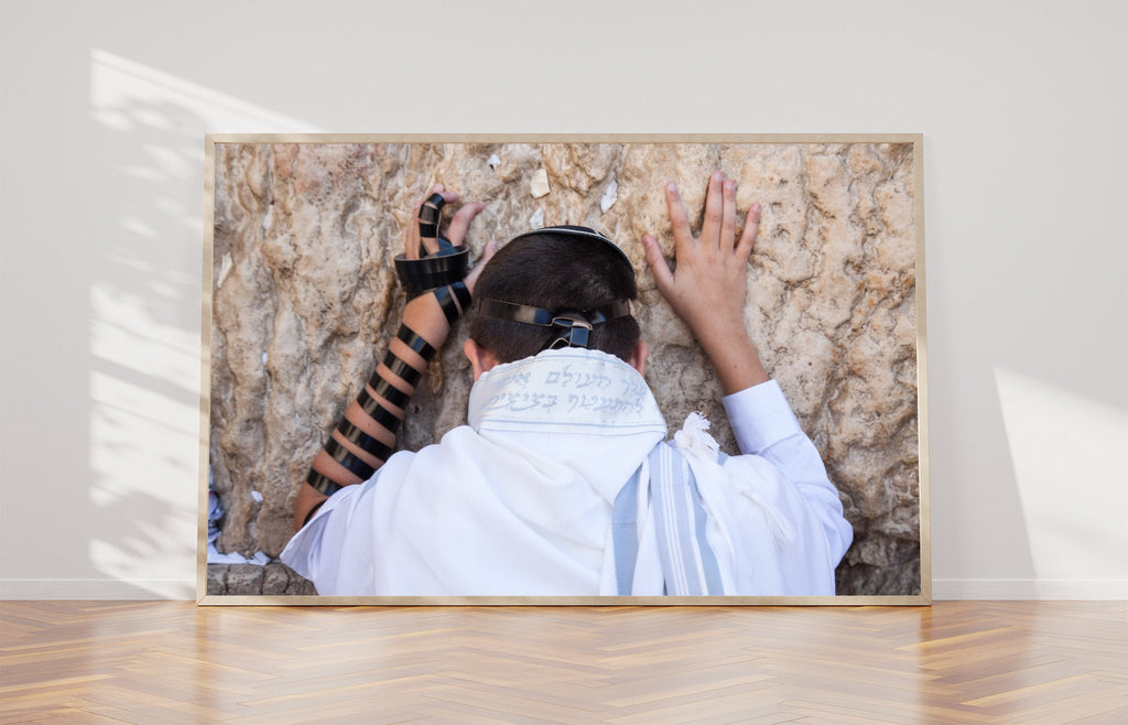 Bar Mitzvah Jewish Young Man Teenager Praying with Tallit at the Western Wall (Kotel)