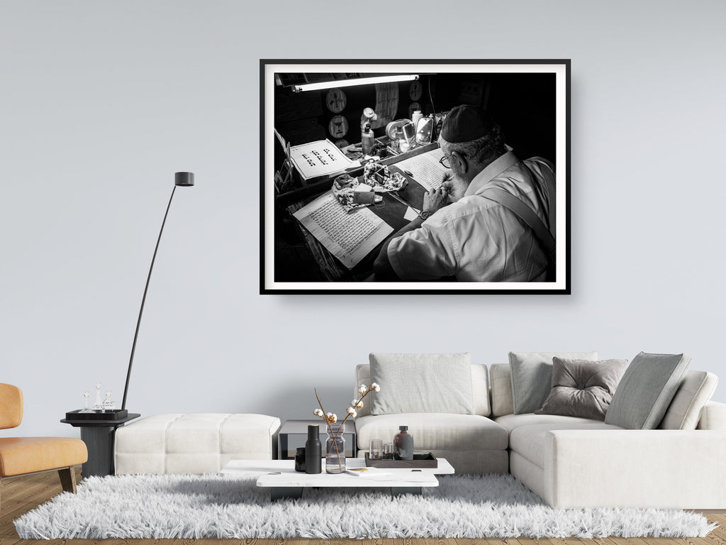 Black & White Torah Scribe Wall Art: Sofer Stam Writing Bible on Parchment, Masada Synagogue