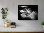 Black & White Torah Scribe Wall Art: Sofer Stam Writing Bible on Parchment, Masada Synagogue