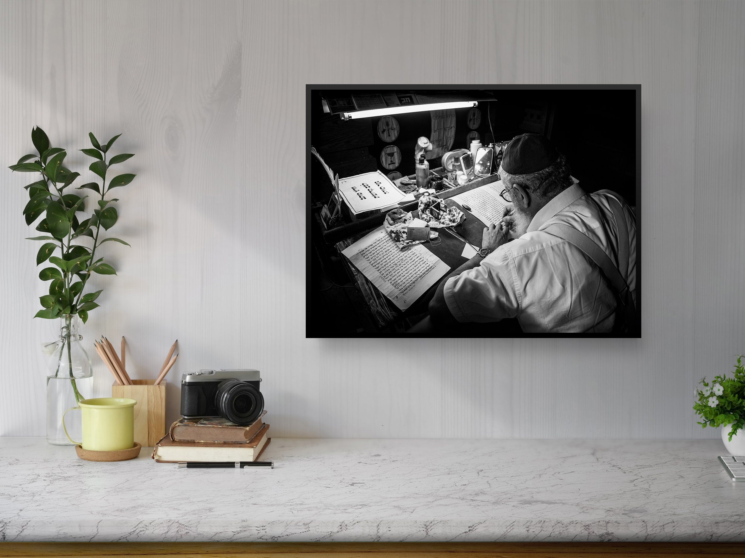 Black & White Torah Scribe Wall Art: Sofer Stam Writing Bible on Parchment, Masada Synagogue
