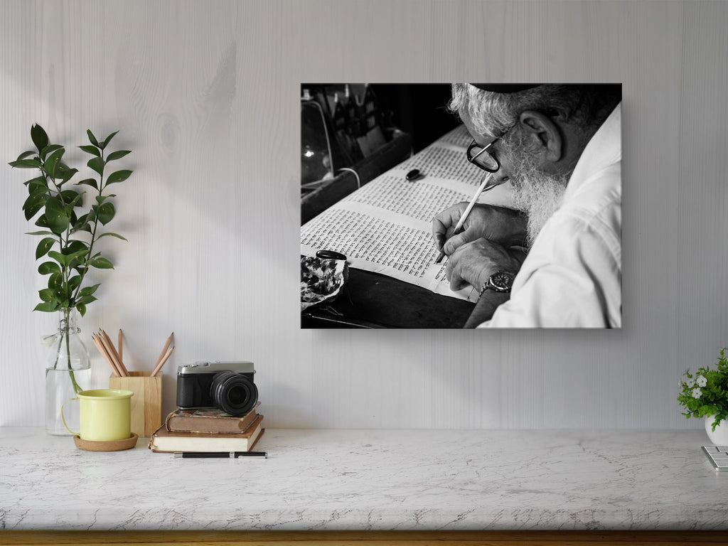 Black & White Torah Scribe Art: Masada Synagogue, Israeli Jewish Parchment Scroll