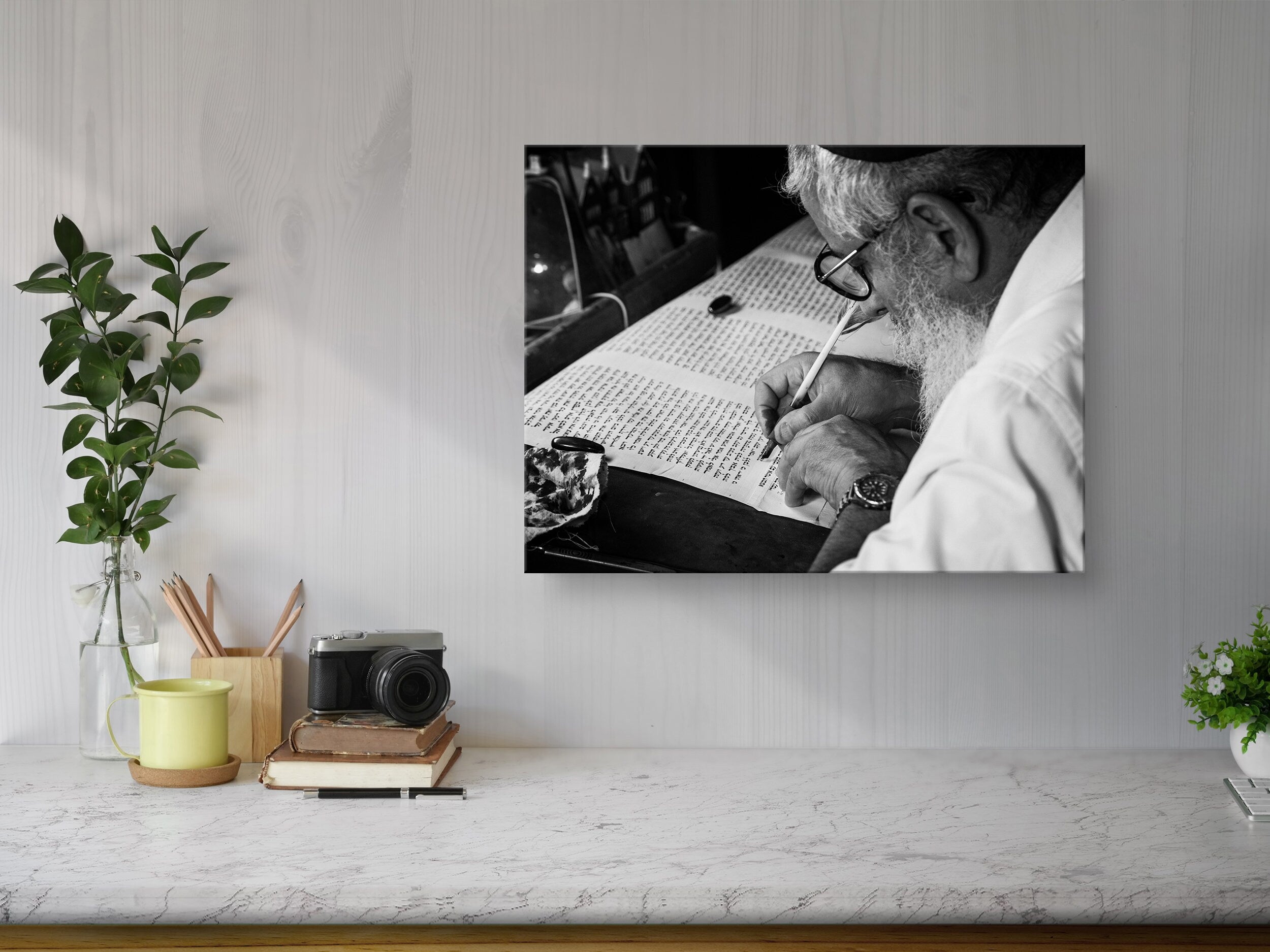 Black & White Torah Scribe Art: Masada Synagogue, Israeli Jewish Parchment Scroll