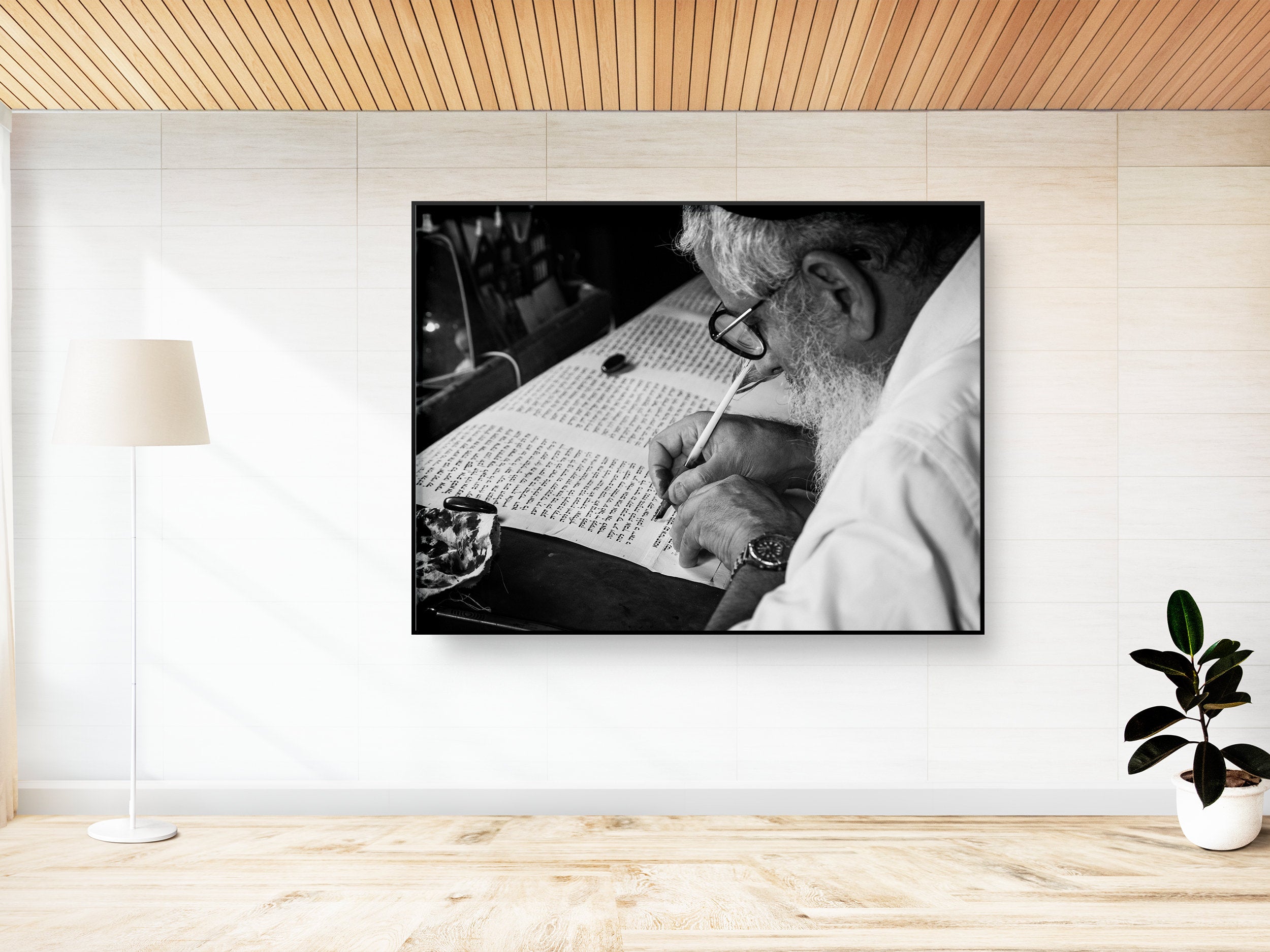 Black & White Torah Scribe Art: Masada Synagogue, Israeli Jewish Parchment Scroll