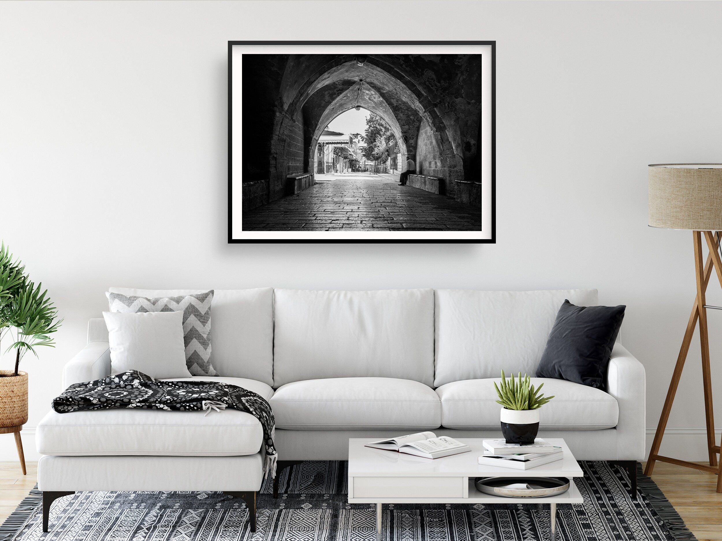 Old Man in a Old City Pedestrian Street — Black and White Jerusalem Wall Wart