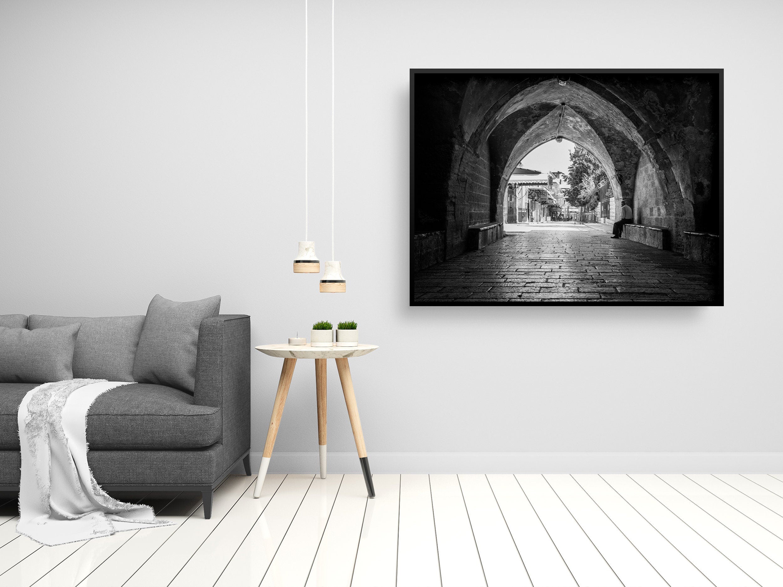 Old Man in a Old City Pedestrian Street — Black and White Jerusalem Wall Wart