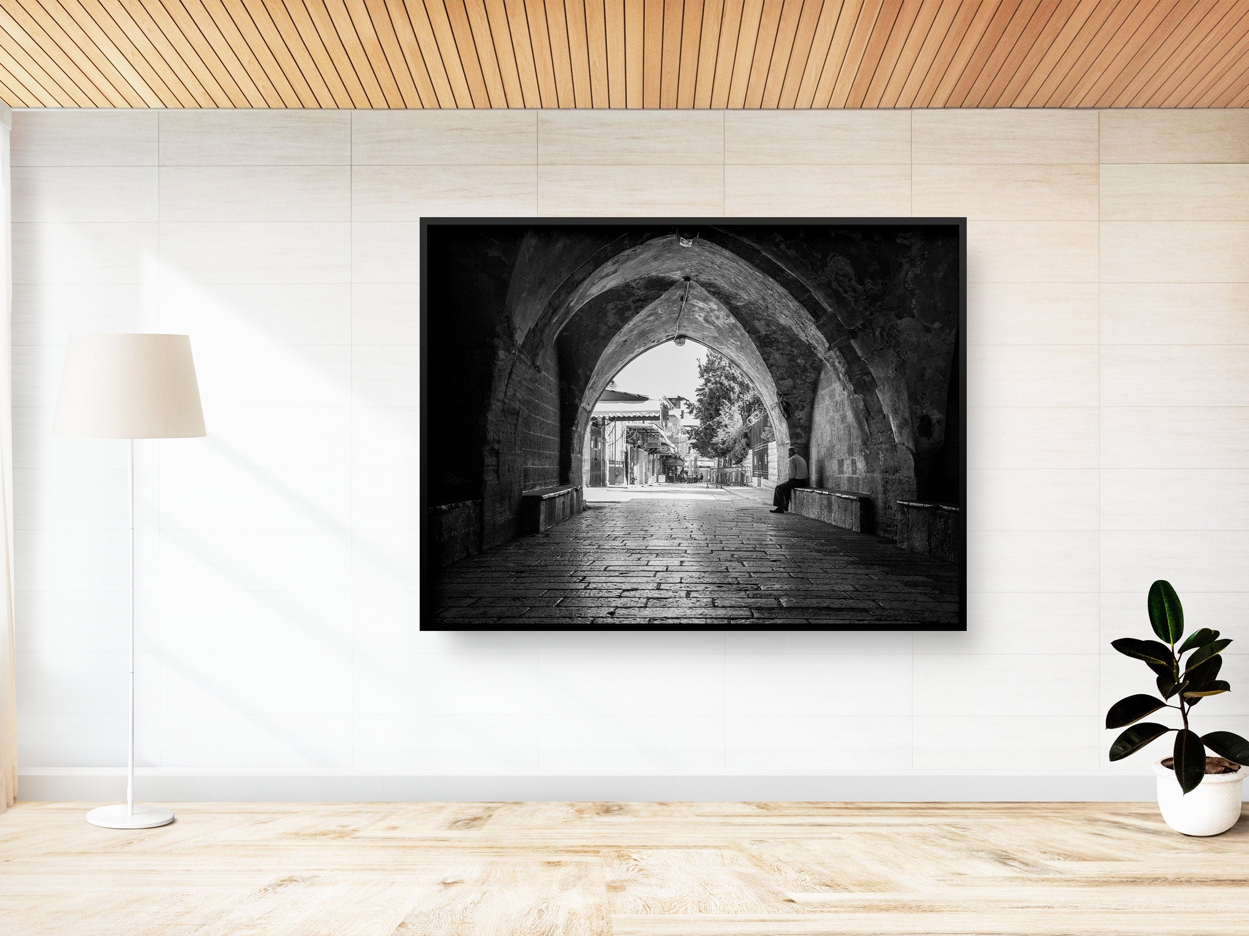 Old Man in a Old City Pedestrian Street — Black and White Jerusalem Wall Wart