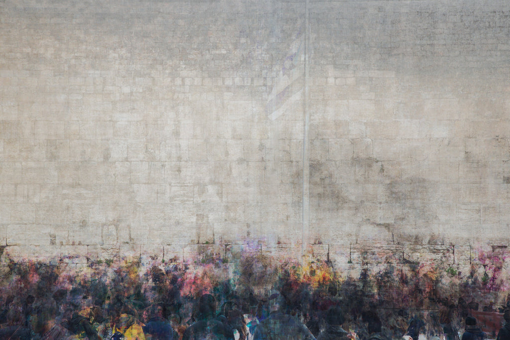 Jerusalem Kotel Western Wall Abstract Painting — Jewish Men Praying at the Kosel with Blue & White Israeli Flag