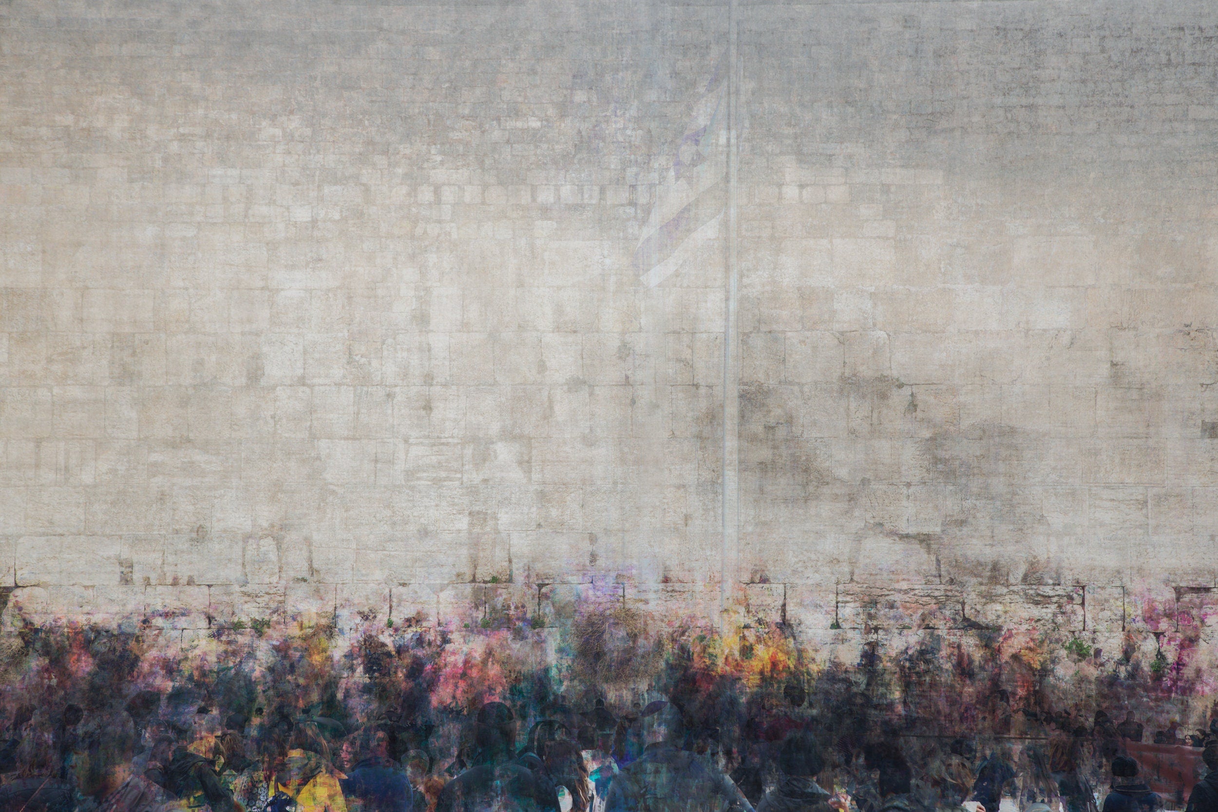 Jerusalem Kotel Western Wall Abstract Painting — Jewish Men Praying at the Kosel with Blue & White Israeli Flag
