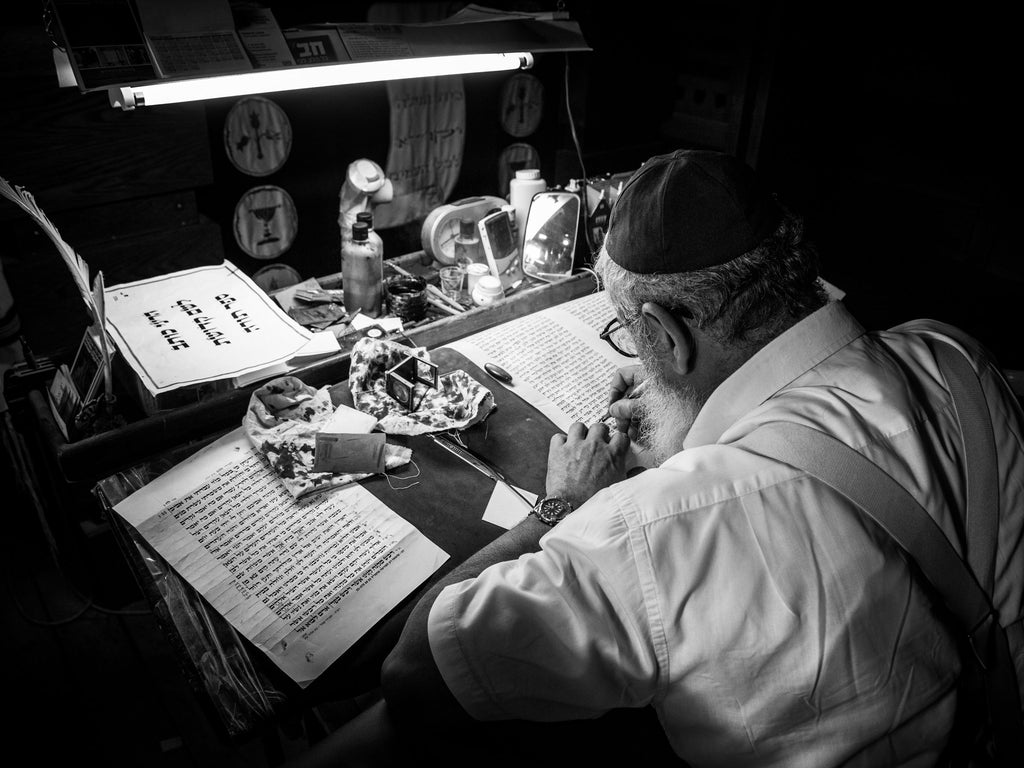 Black & White Torah Scribe Wall Art: Sofer Stam Writing Bible on Parchment, Masada Synagogue