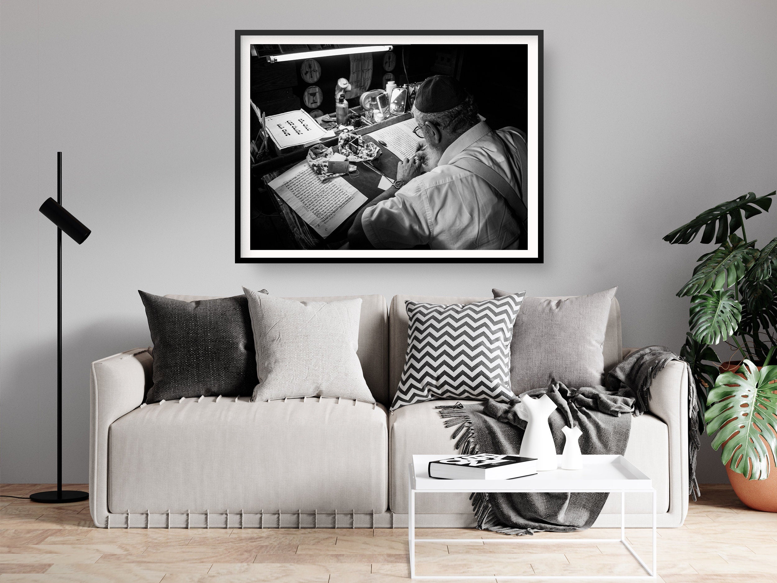Black & White Torah Scribe Wall Art: Sofer Stam Writing Bible on Parchment, Masada Synagogue