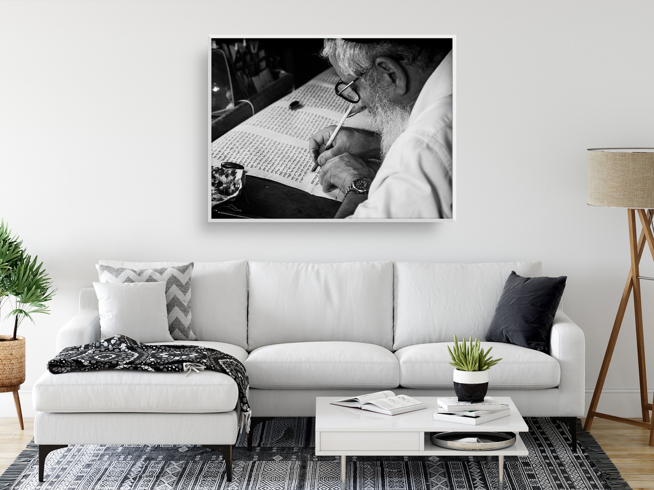 Black & White Torah Scribe Art: Masada Synagogue, Israeli Jewish Parchment Scroll