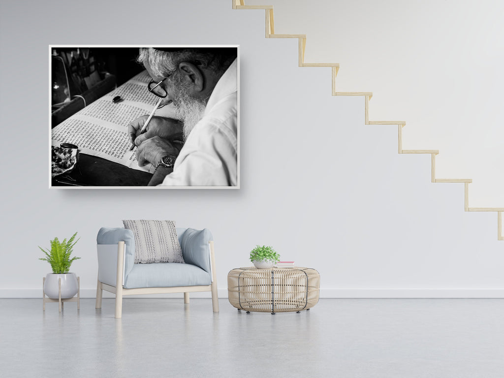 Black & White Torah Scribe Art: Masada Synagogue, Israeli Jewish Parchment Scroll