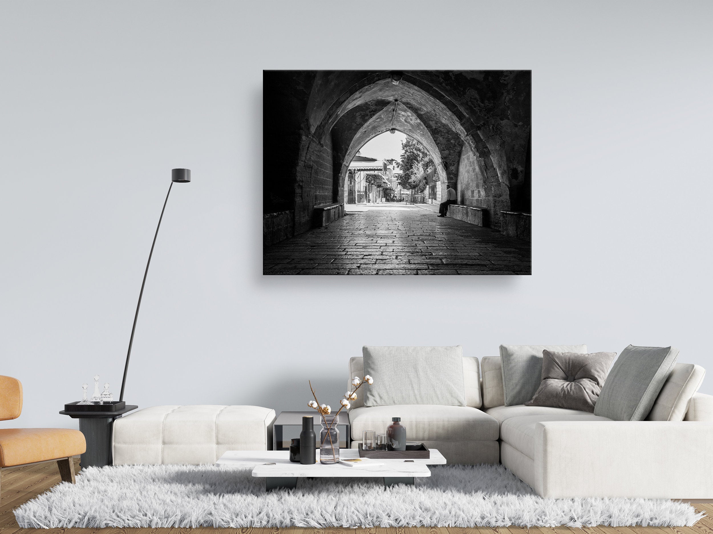 Old Man in a Old City Pedestrian Street — Black and White Jerusalem Wall Wart