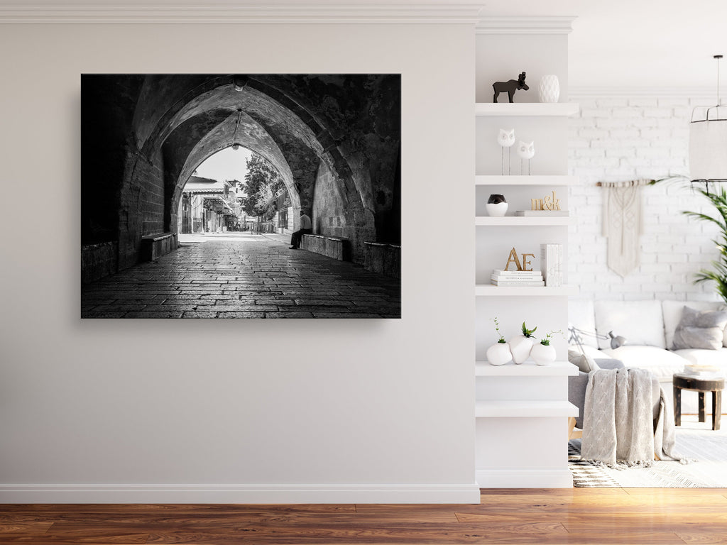 Old Man in a Old City Pedestrian Street — Black and White Jerusalem Wall Wart