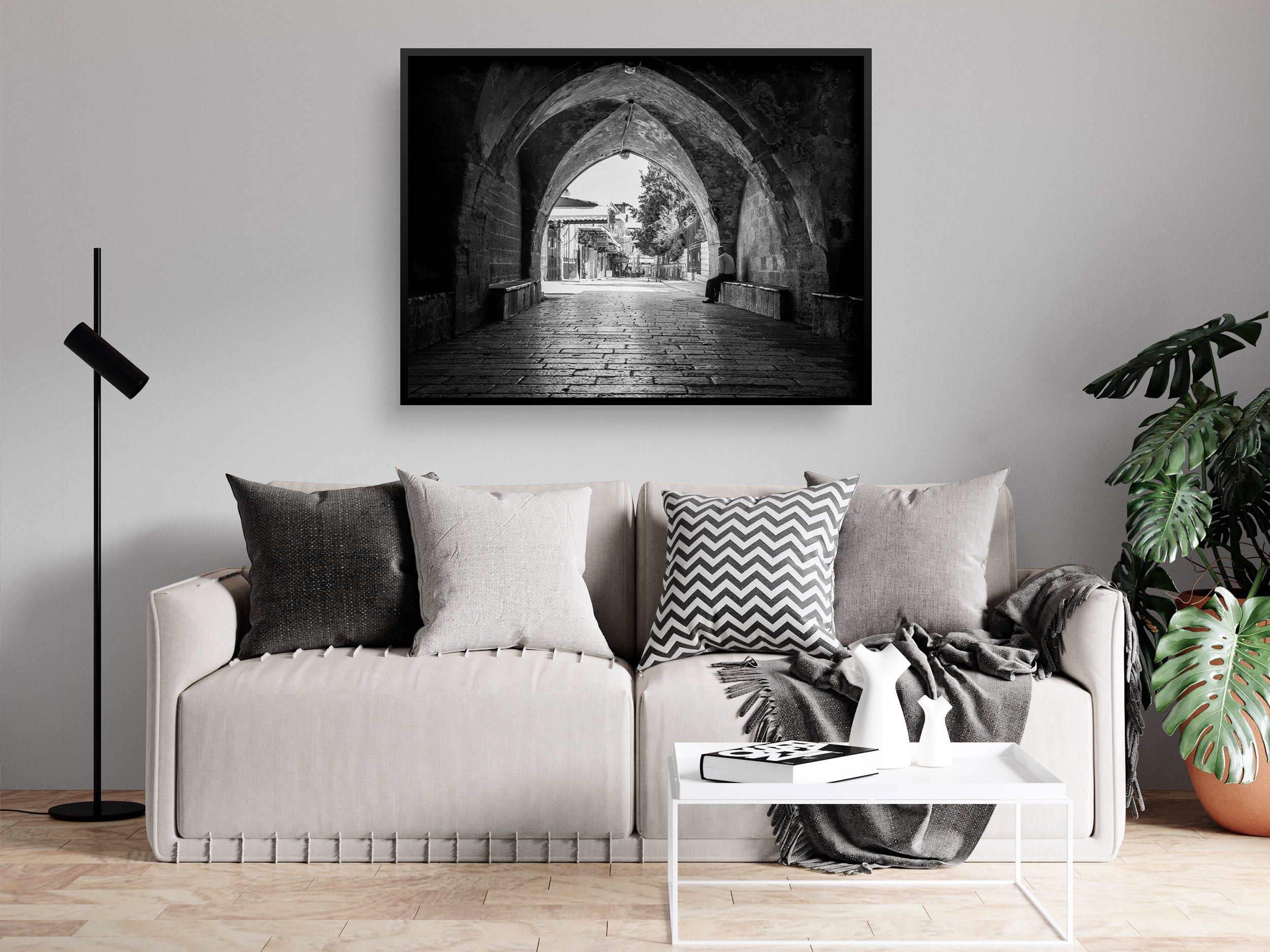 Old Man in a Old City Pedestrian Street — Black and White Jerusalem Wall Wart