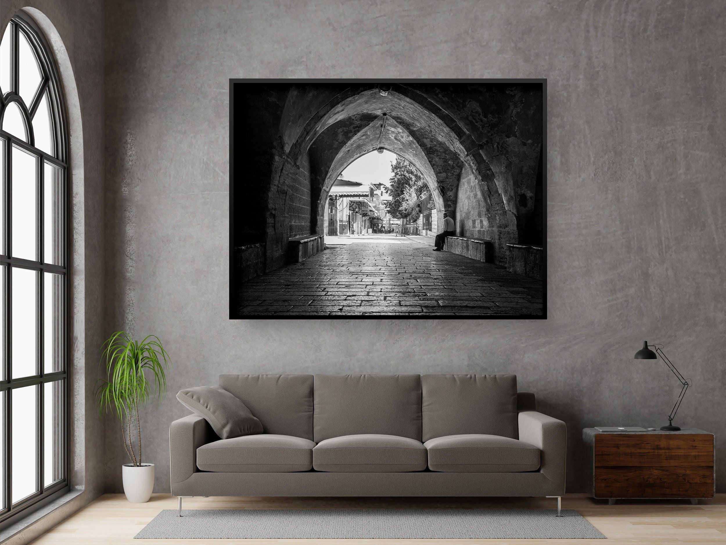 Old Man in a Old City Pedestrian Street — Black and White Jerusalem Wall Wart