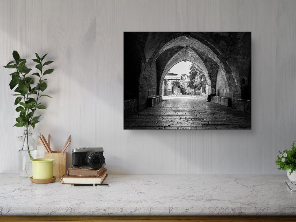 Old Man in a Old City Pedestrian Street — Black and White Jerusalem Wall Wart