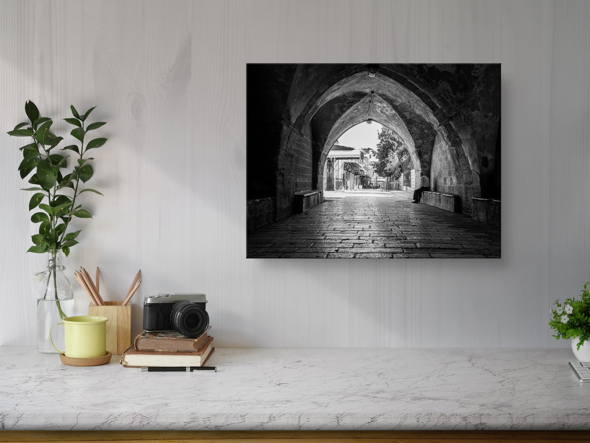Old Man in a Old City Pedestrian Street — Black and White Jerusalem Wall Wart