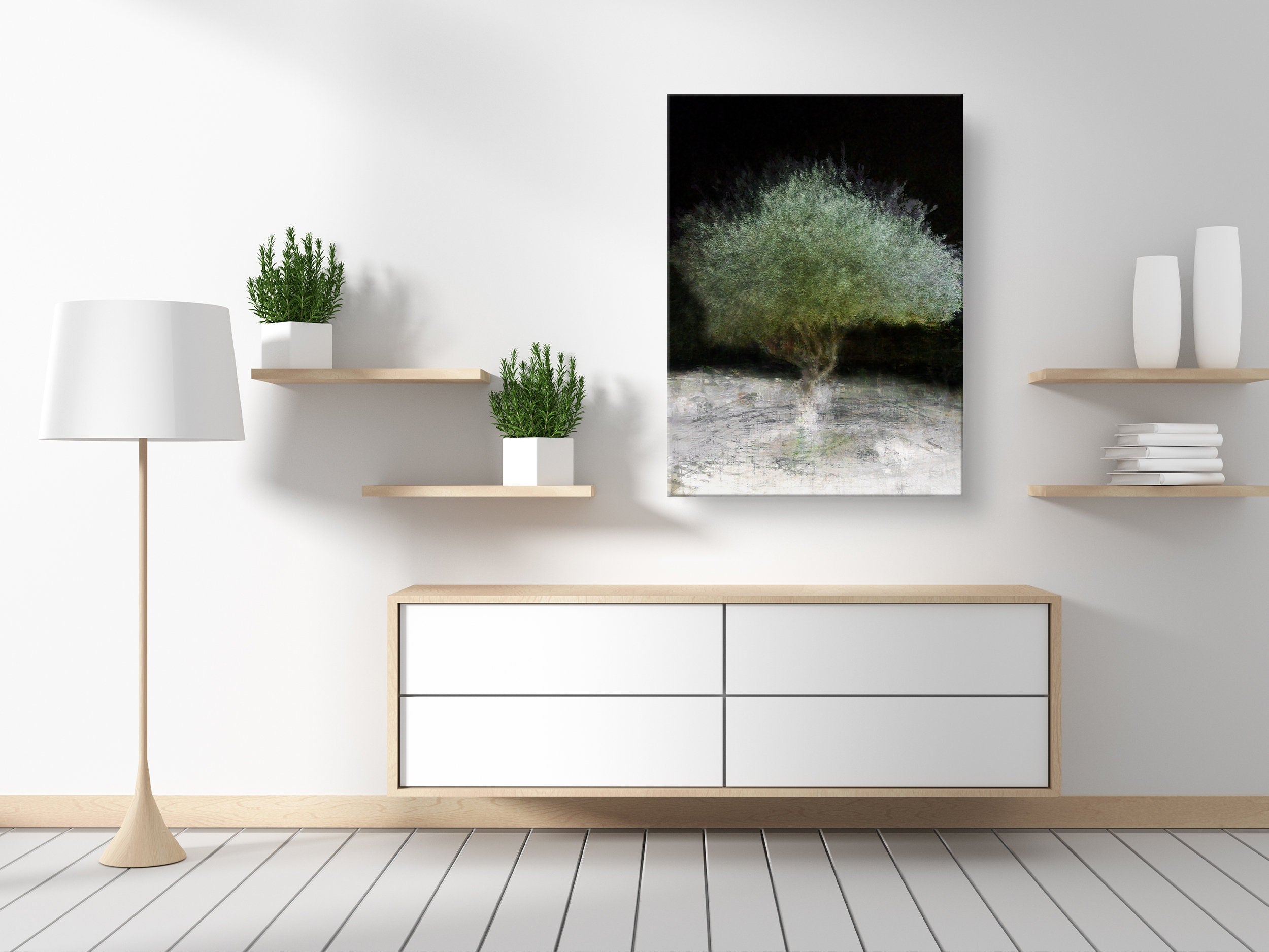 The Green Olive Tree Impressionist Painting by Night - National Tree of the Holy Land Israel - 7 Species of Israel