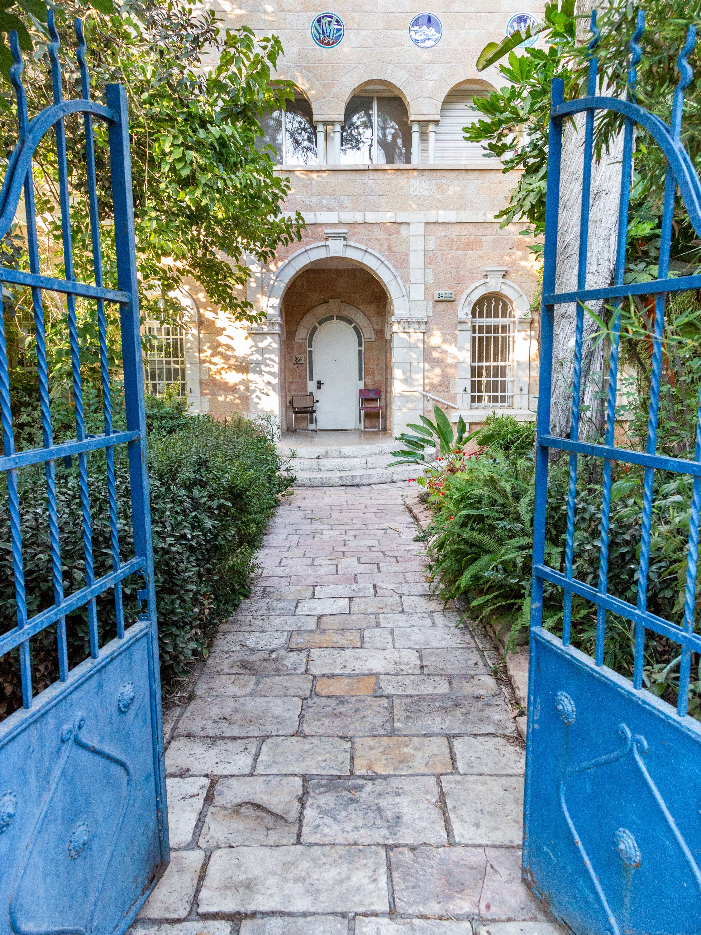 Jerusalem Blue Garden Patio Door Print: Bakaa Neighborhood Travel Photography