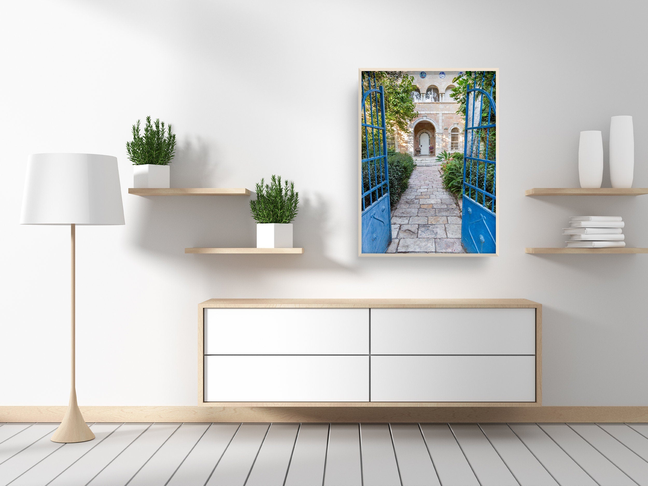 Jerusalem Blue Garden Patio Door Print: Bakaa Neighborhood Travel Photography