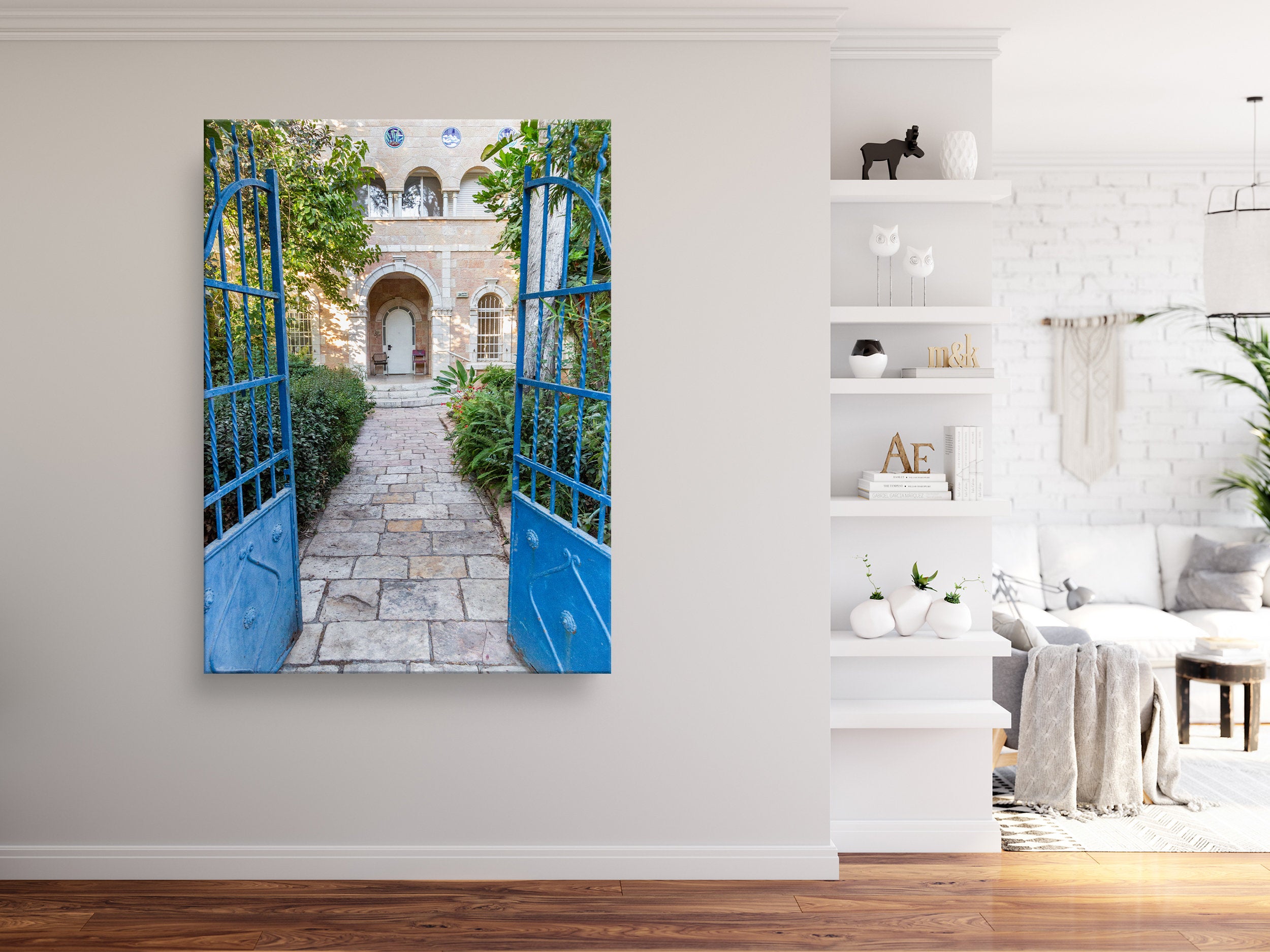 Jerusalem Blue Garden Patio Door Print: Bakaa Neighborhood Travel Photography
