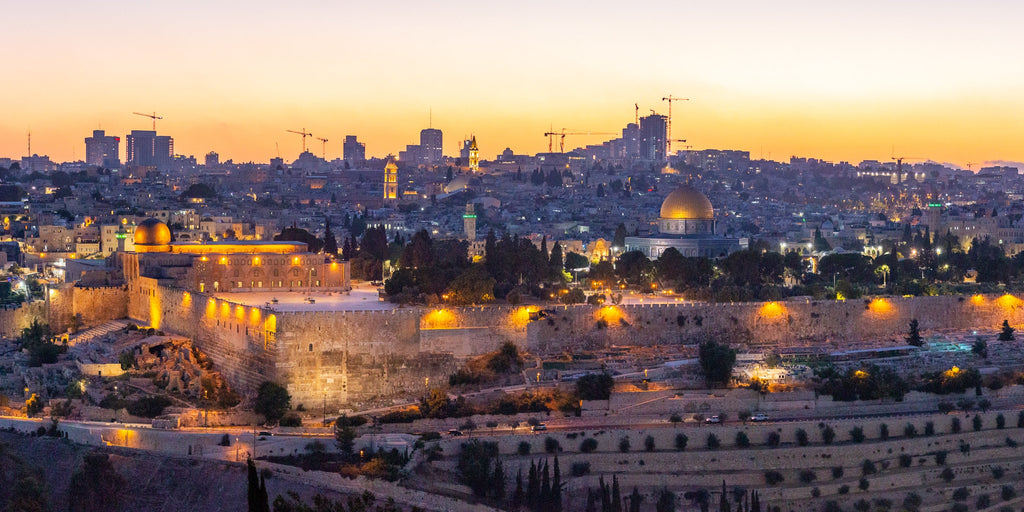 Panoramic Golden Jerusalem Old City Temple Mount at the Sunset