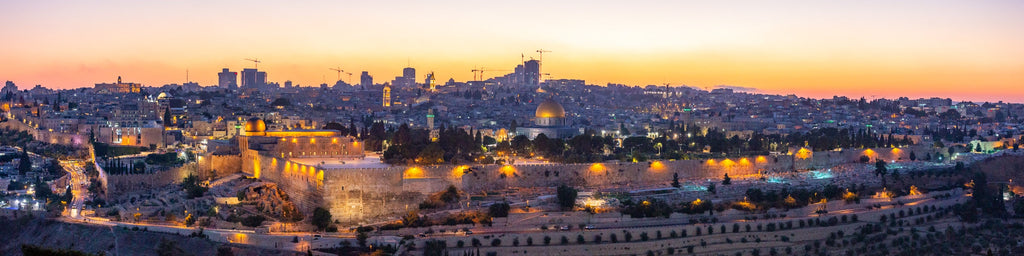Panoramic Golden Jerusalem Old City Temple Mount at the Sunset