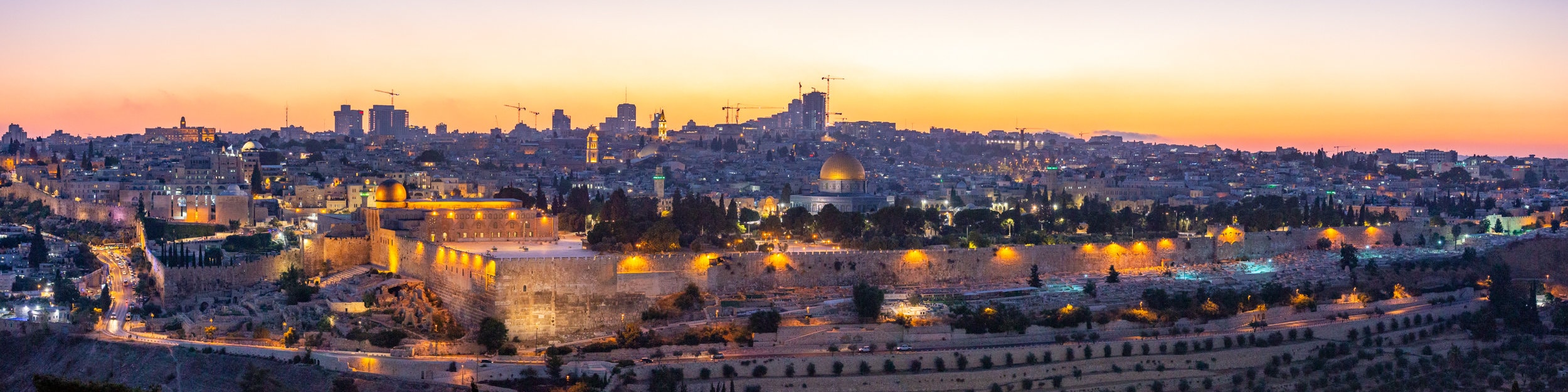 Panoramic Golden Jerusalem Old City Temple Mount at the Sunset