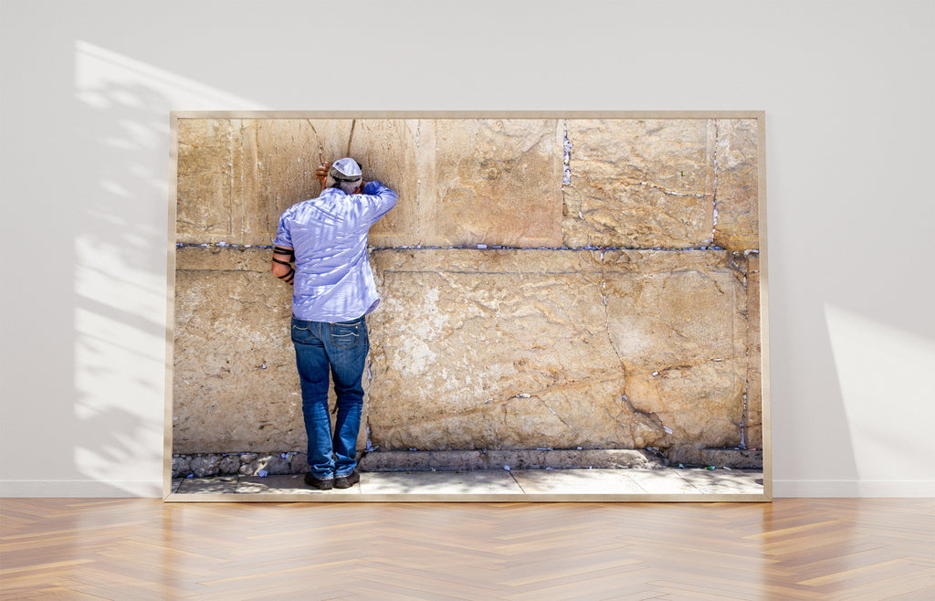 Jewish Man Praying with Tefillin at the Jerusalem Old City Kotel Western Wall