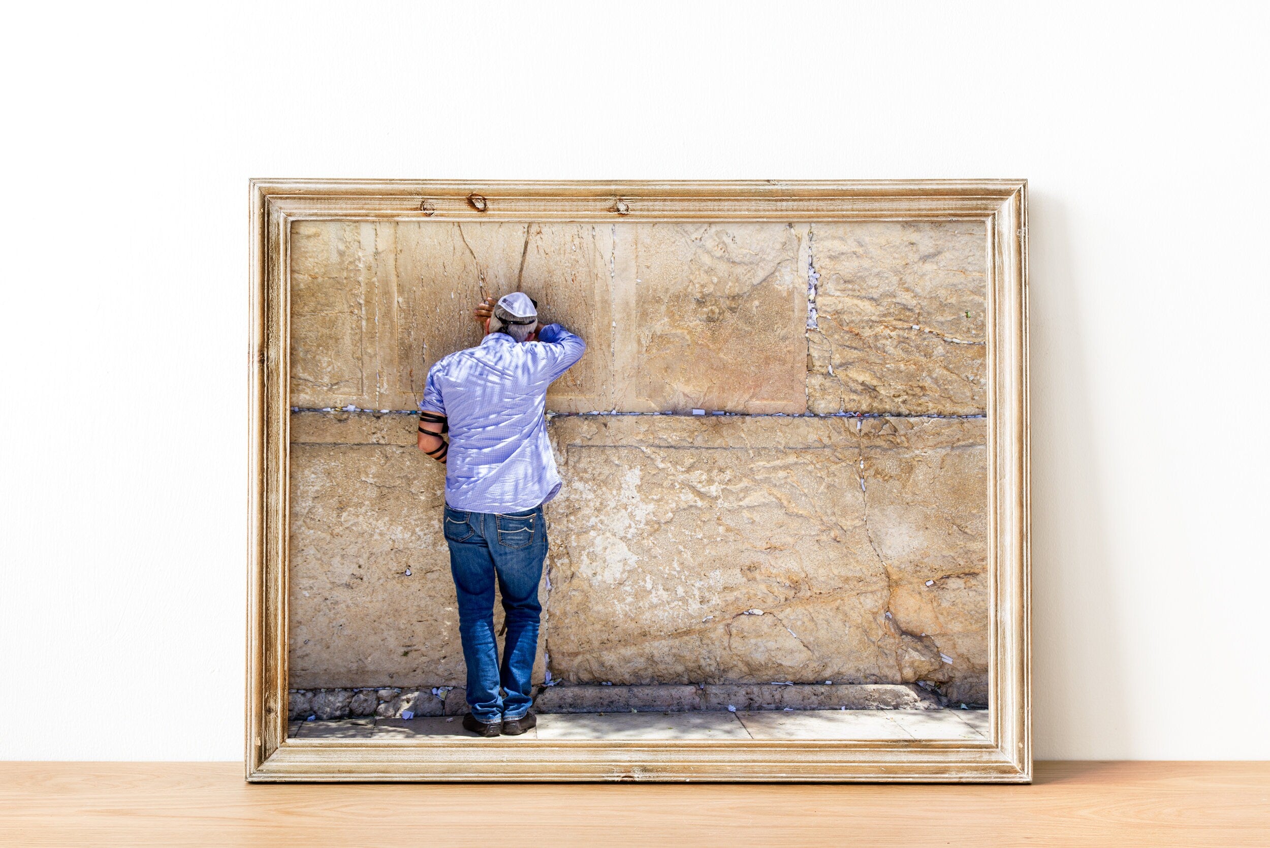 Jewish Man Praying with Tefillin at the Jerusalem Old City Kotel Western Wall