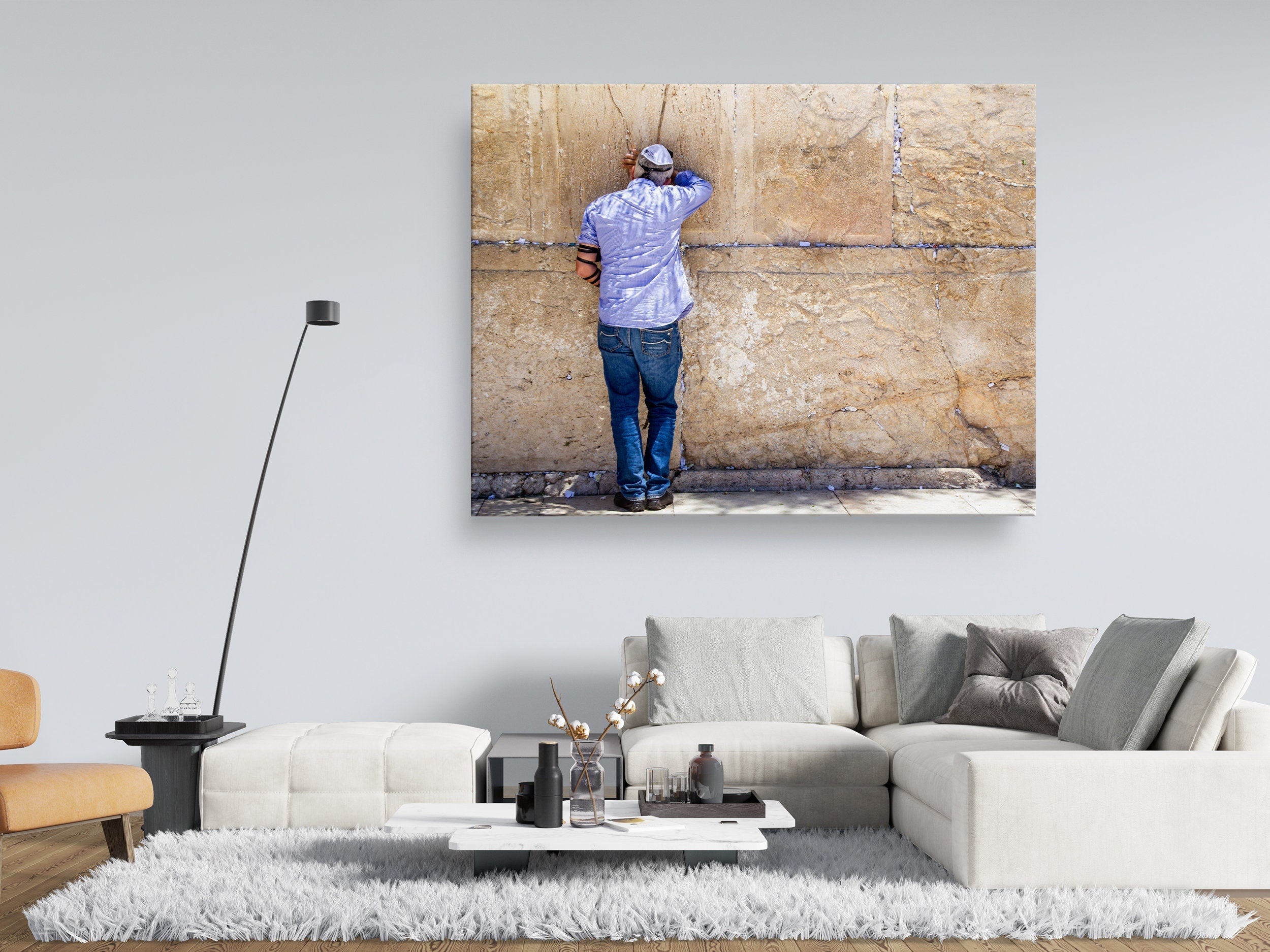 Jewish Man Praying with Tefillin at the Jerusalem Old City Kotel Western Wall