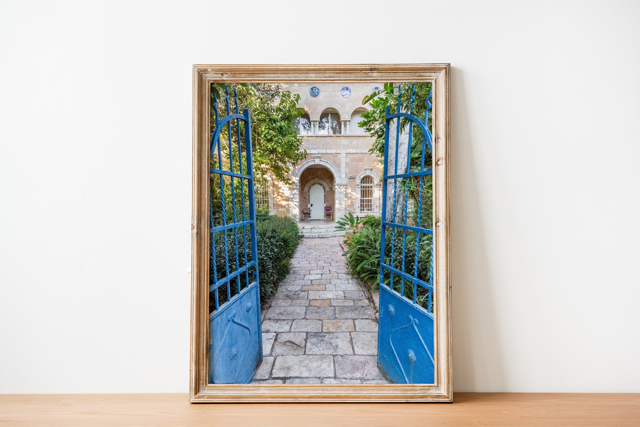 Jerusalem Blue Garden Patio Door Print: Bakaa Neighborhood Travel Photography