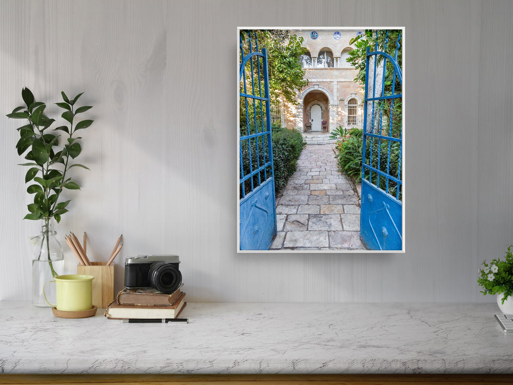 Jerusalem Blue Garden Patio Door Print: Bakaa Neighborhood Travel Photography