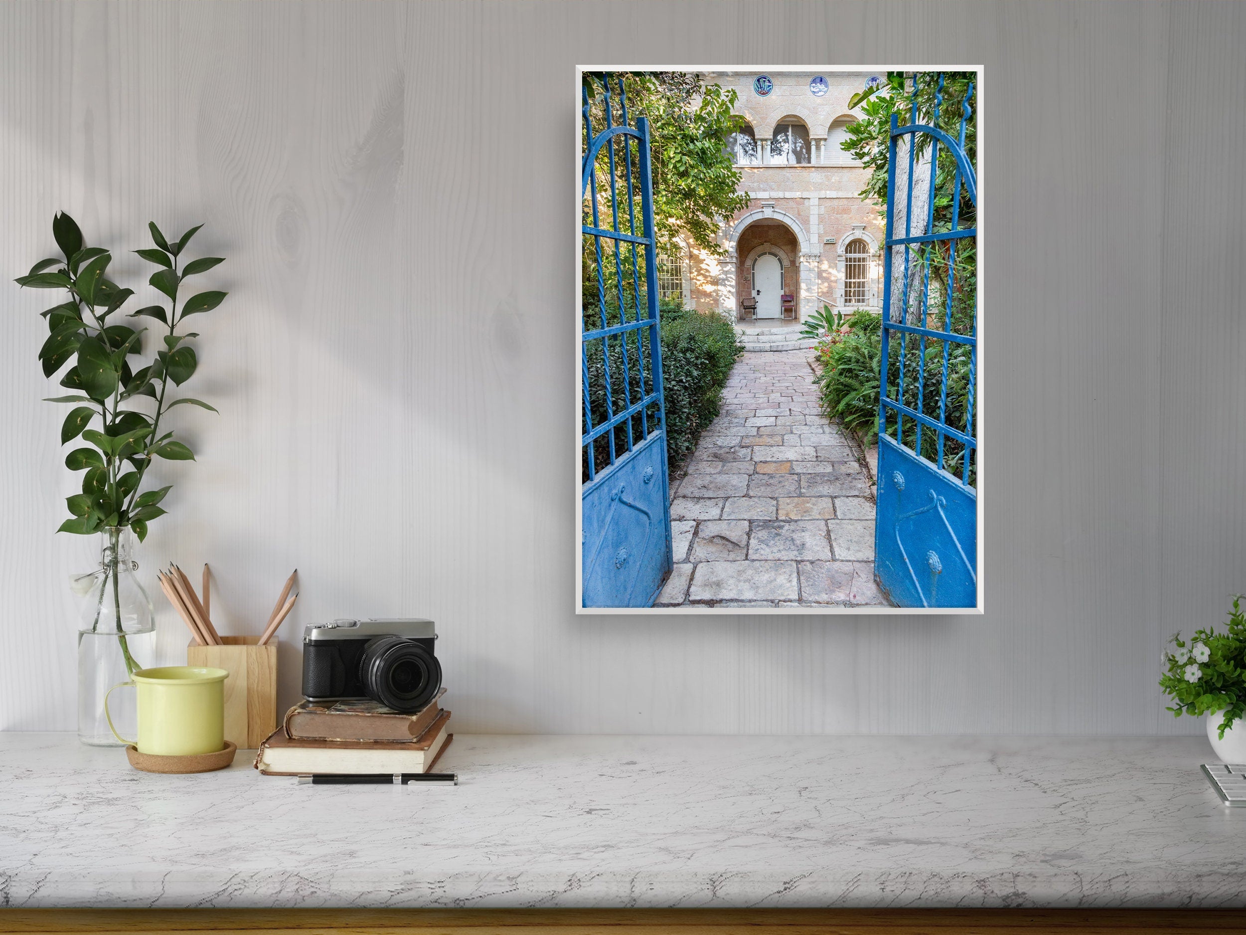 Jerusalem Blue Garden Patio Door Print: Bakaa Neighborhood Travel Photography