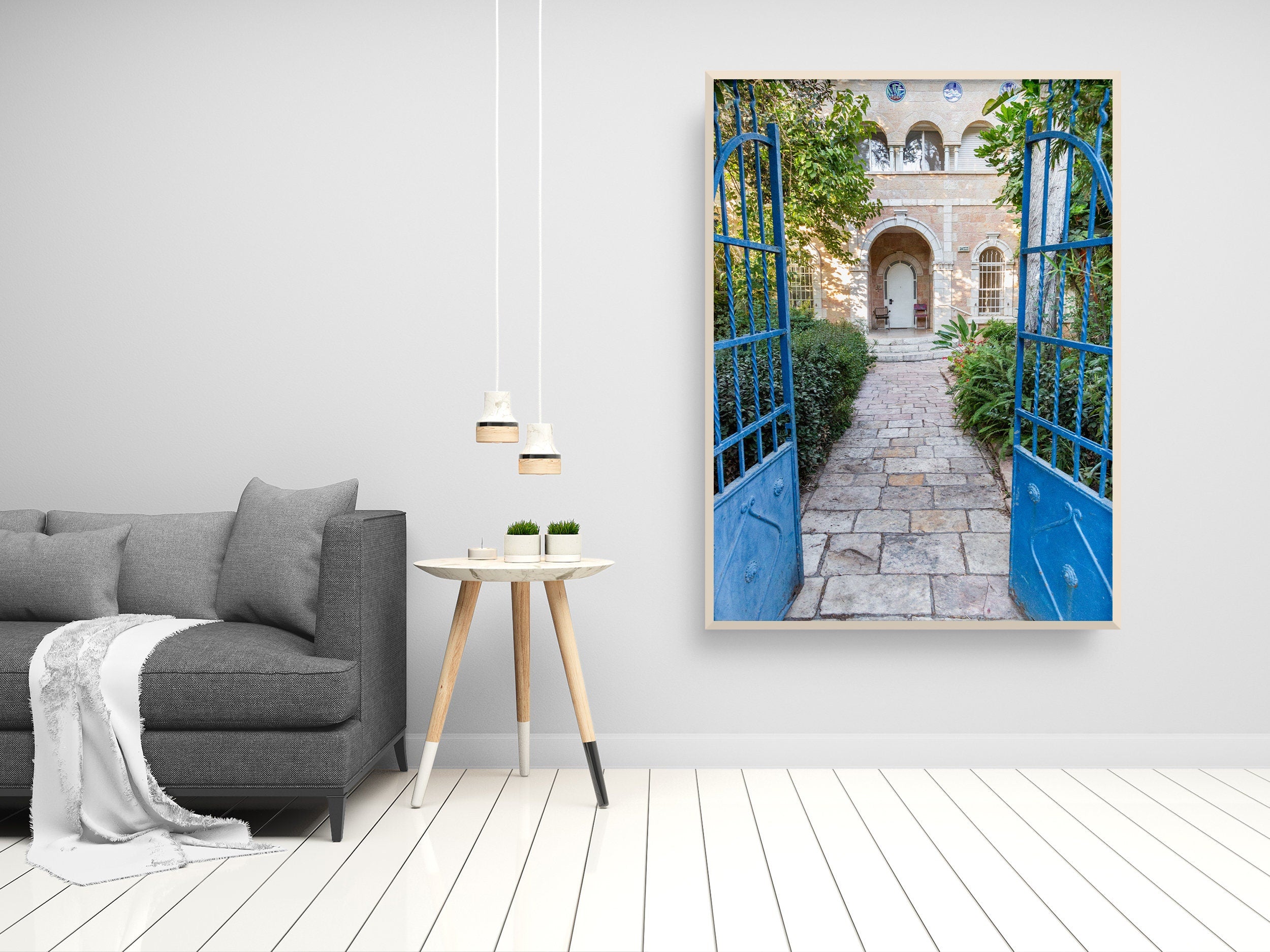 Jerusalem Blue Garden Patio Door Print: Bakaa Neighborhood Travel Photography