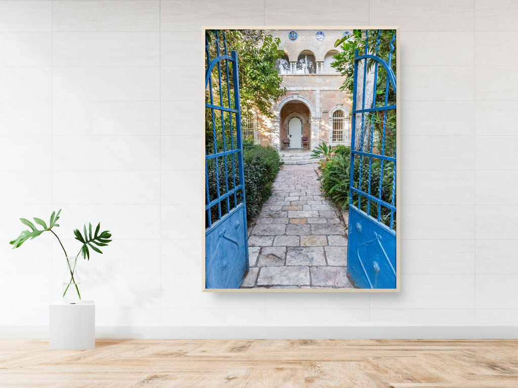 Jerusalem Blue Garden Patio Door Print: Bakaa Neighborhood Travel Photography