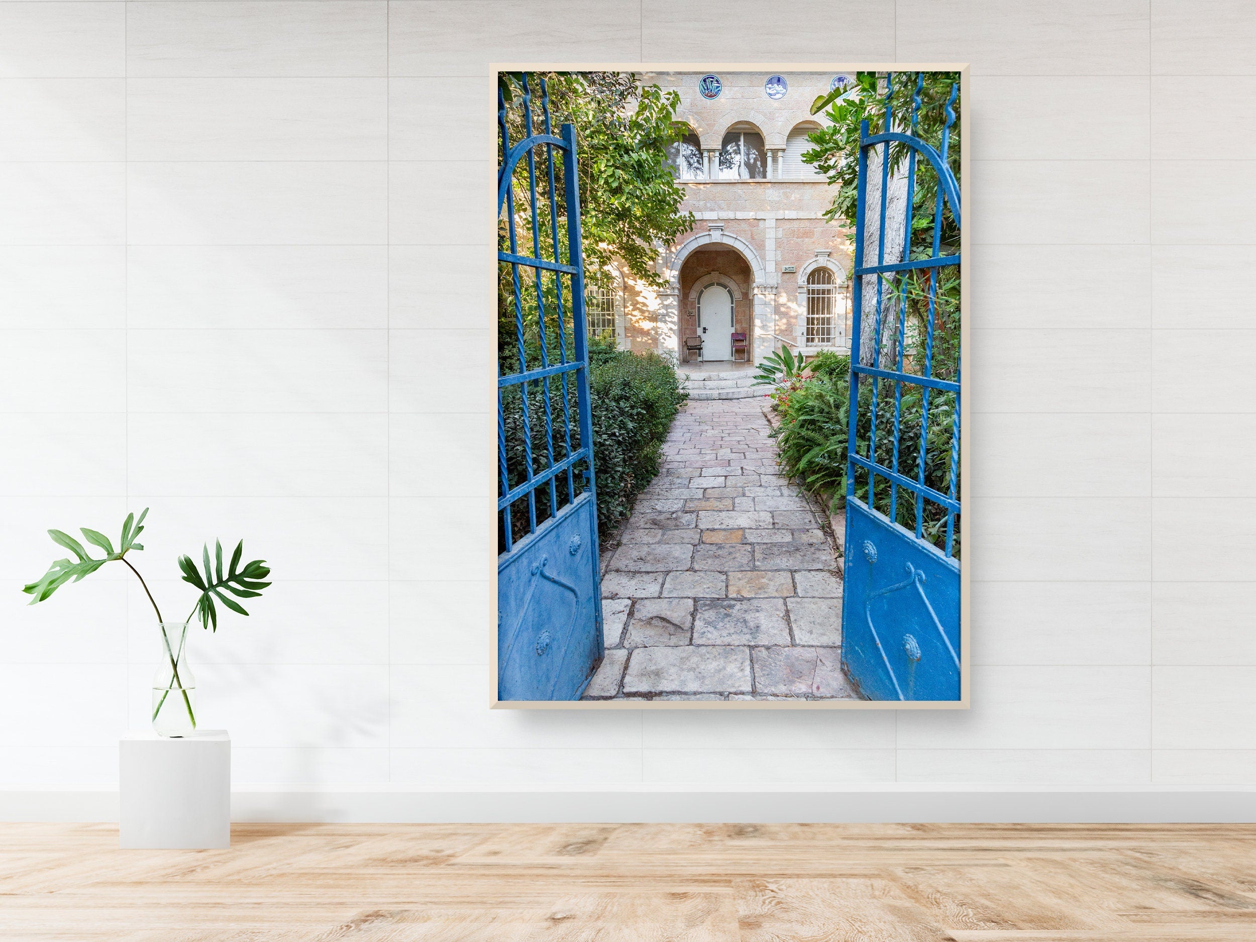 Jerusalem Blue Garden Patio Door Print: Bakaa Neighborhood Travel Photography