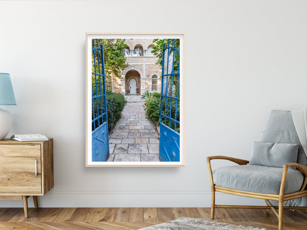 Jerusalem Blue Garden Patio Door Print: Bakaa Neighborhood Travel Photography
