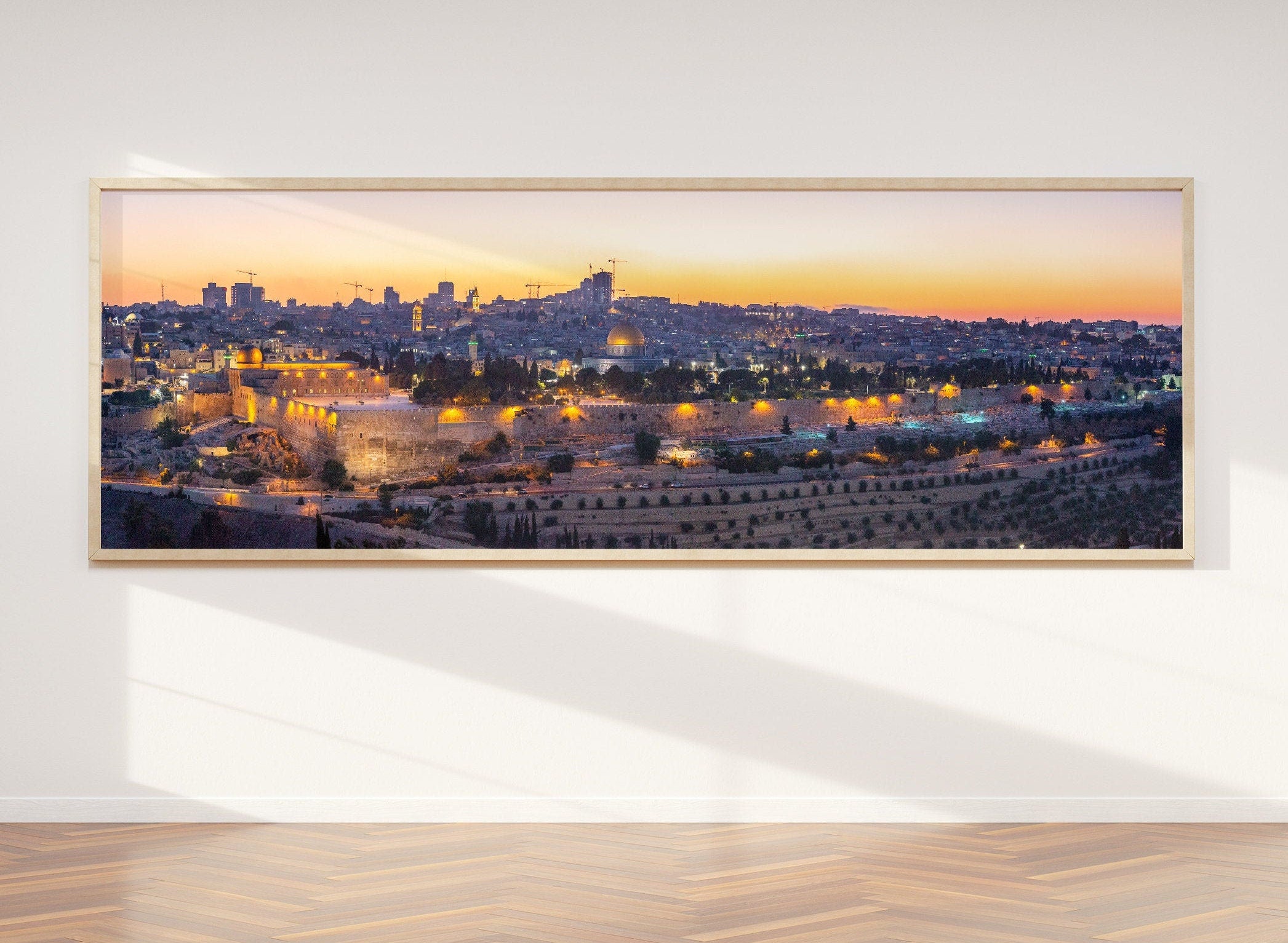 Panoramic Golden Jerusalem Old City Temple Mount at the Sunset