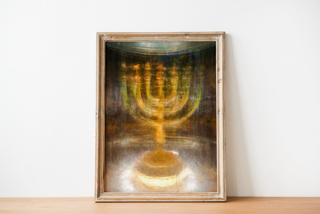 Gold Menorah Impressionist Painting: Jewish Temple Art, Canvas